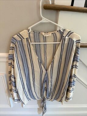 Striped Tie-Front V-Neck Blouse - Cream & Blue